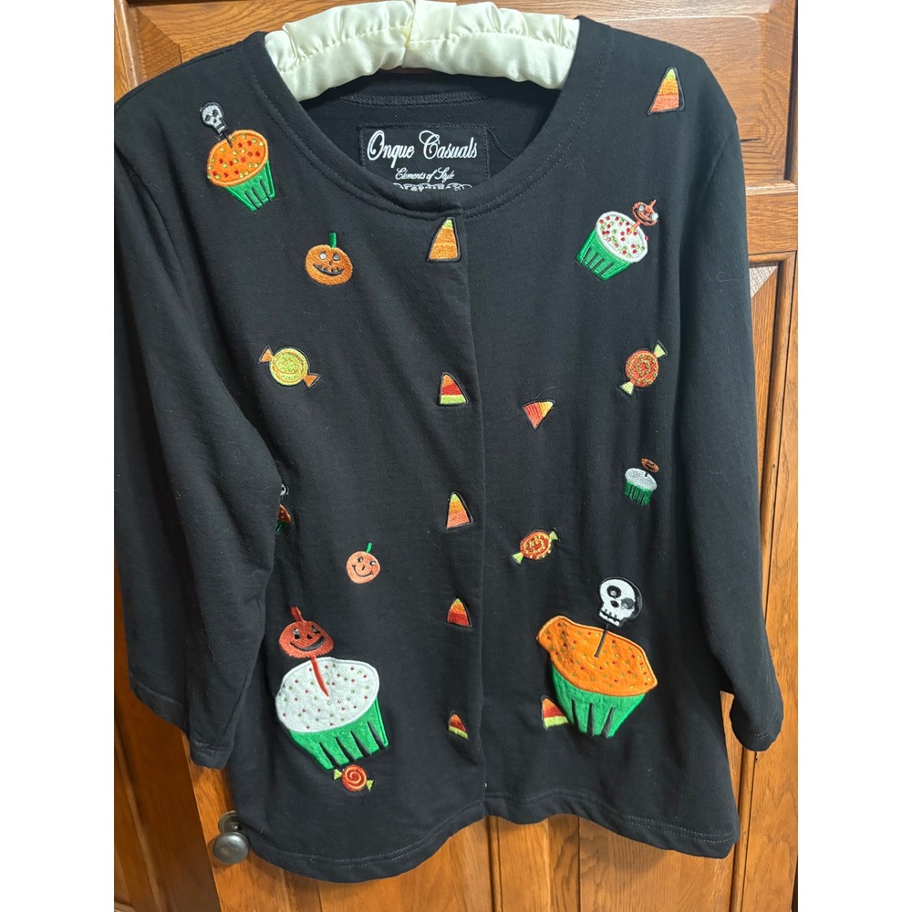 Halloween Trick or Treat Black Cardigan Embroidered Pumpkin Candy Corn Cupcakes